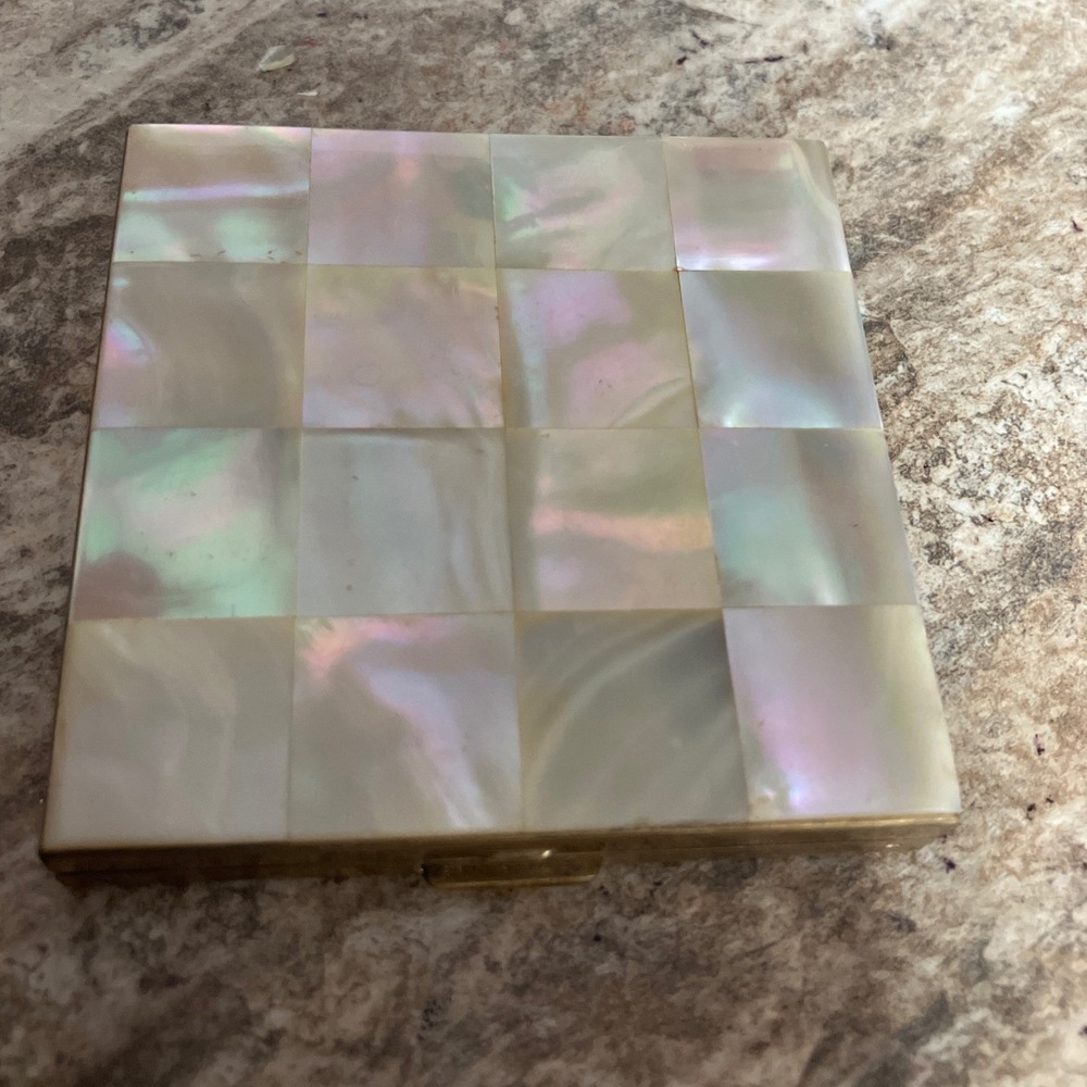 Vintage Volupte USA Mother of Pearl Checkerboard Brass Powder Compact Case 3x3